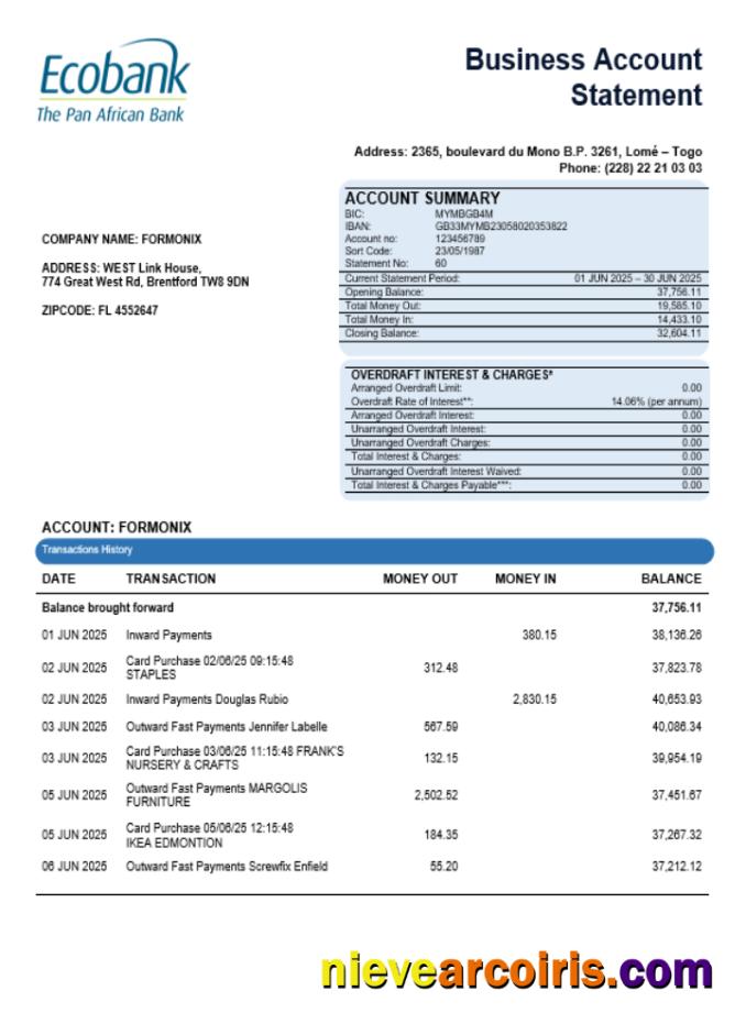 Central African Ecobank business bank organization account statement
